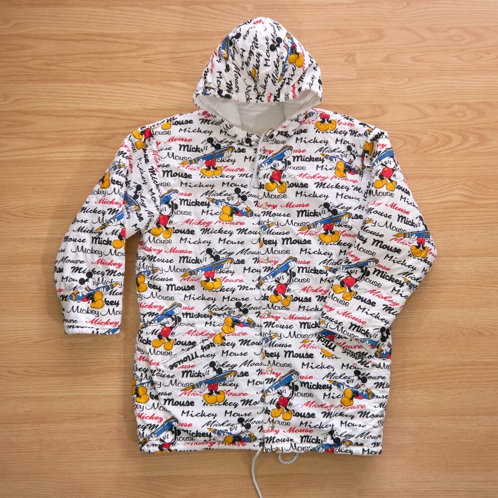 Mickey Mouse Disney Women's Oversized Hooded Jacket, White Parka Reversible, M